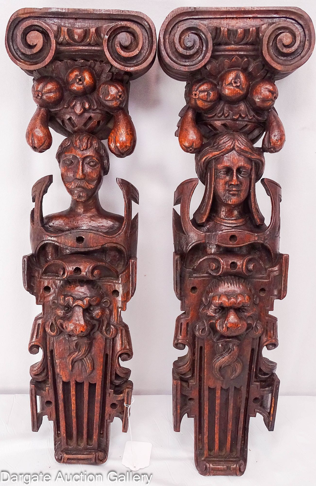 PAIR ANTIQUE CARVED OAK CARYATID CORBELS (1 of 9)