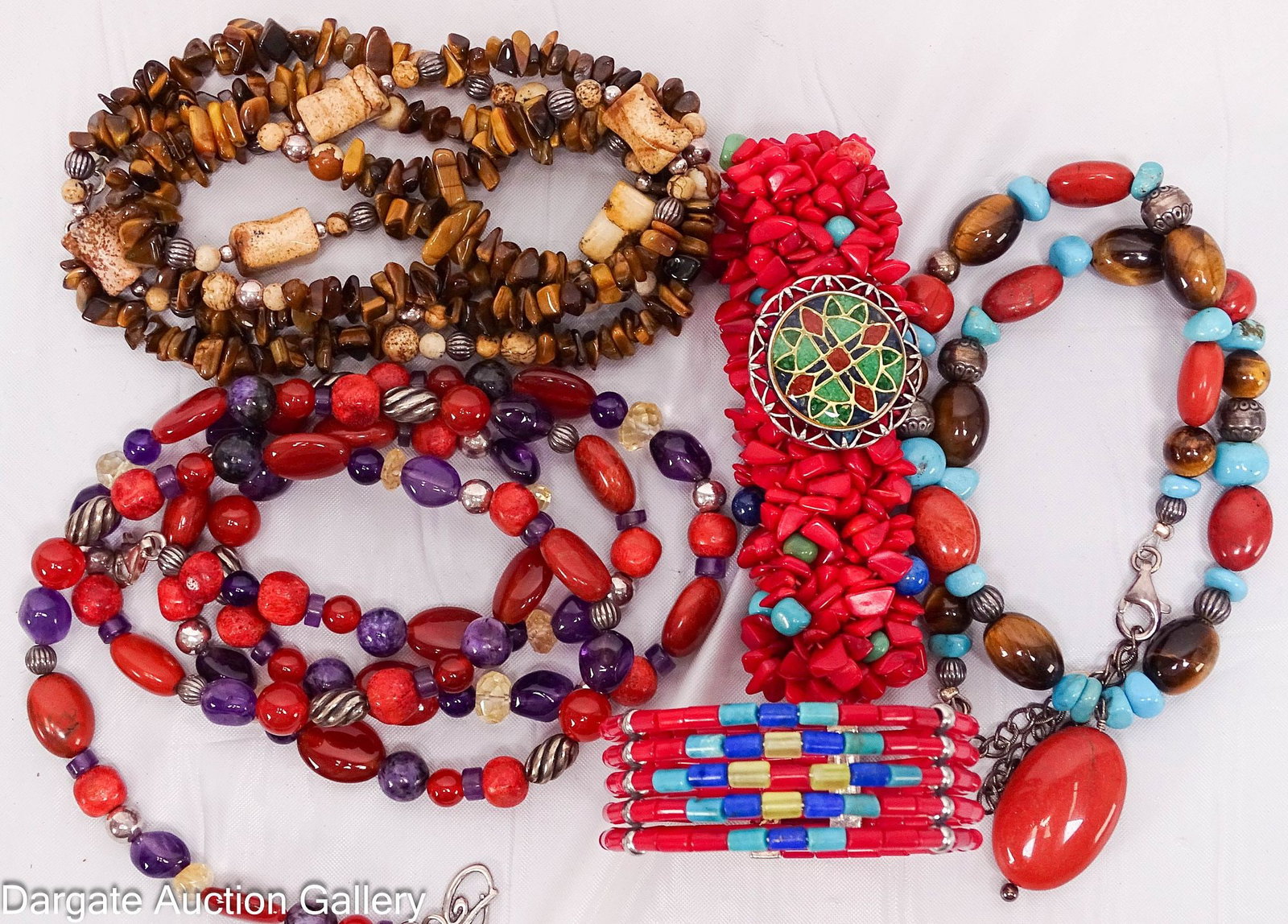 (5) CAROLYN POLLACK SOUTHWESTERN JEWELRY: All pieces marked [925] with Carolyn Pollack's hallmark; Includes: Multi-stoned cuff bracelet (Coral, lapis lazuli, turquoise & serpentine) Multi-strand stretch bracelet with beads