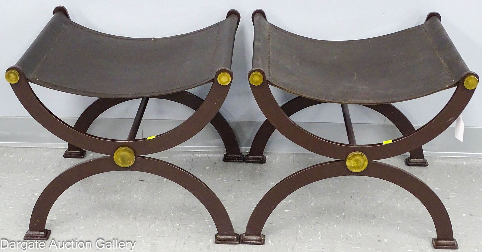 PAIR CAST IRON AND BRASS HOLLYWOOD REGENCY OTTOMAN STOOL (1 of 6)