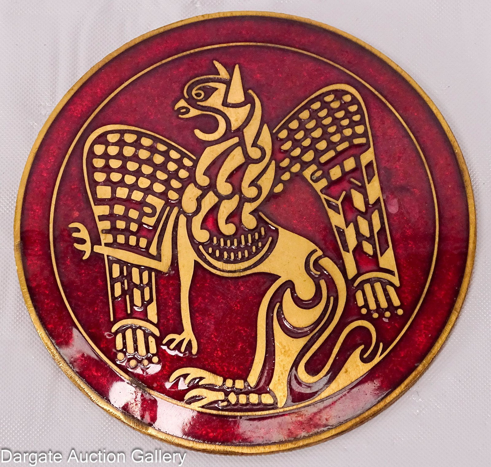 1977 VINTAGE MMA WINGED LION OF ST MARK BROOCH: 1977 Pendant / Brooch gold tone with red enamel - for the Metropolitan Museum of Art; Measures - 2.5" diameter