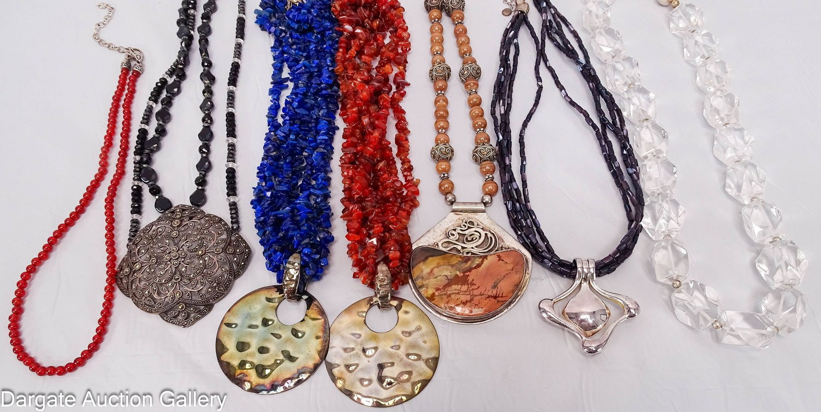 (7) ASSORTED STERLING & STONE NECKLACES: Includes: Arik Idan landscape jasper and sterling necklace - large cabachon pendant set in sterling with alternating jasper and sterling beads, eye hook clasp; [ARIK IDAN 925], 20"L, TGW - 