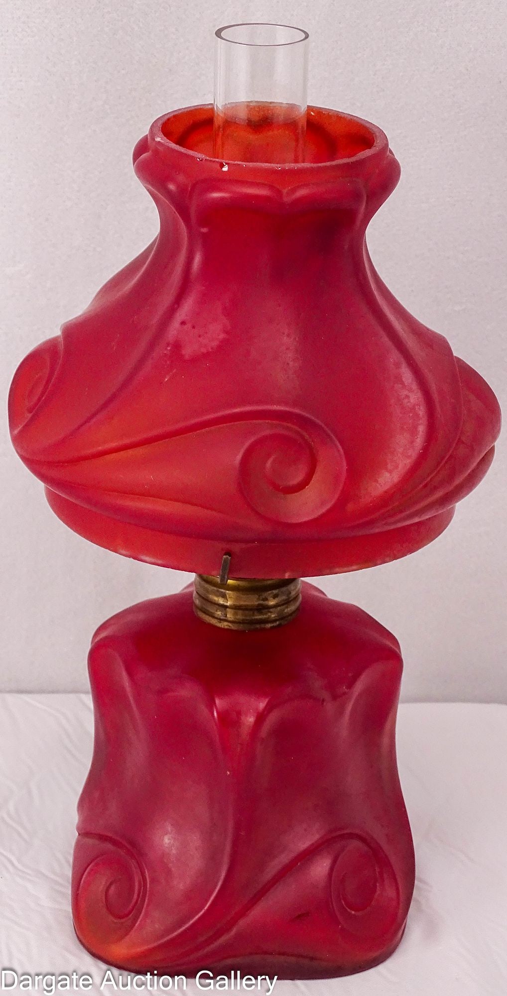MINIATURE RED SATIN GLASS OIL LAMP (1 of 7)