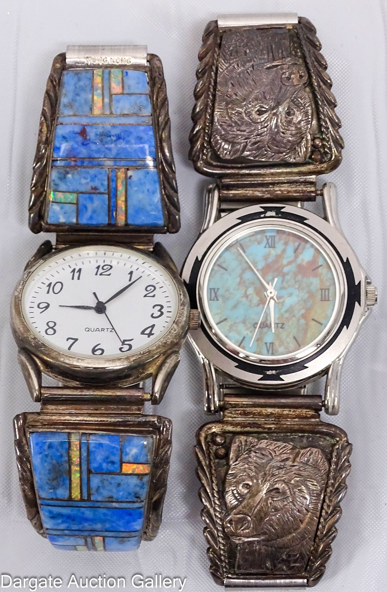 (2) NATIVE AMERICAN STERLING AND STAINLESS NADIA QUARTZ WATCHES: Includes: Inlaid with light blue lapis lazuli and opal on the Sterling part of the band Has turquoise face