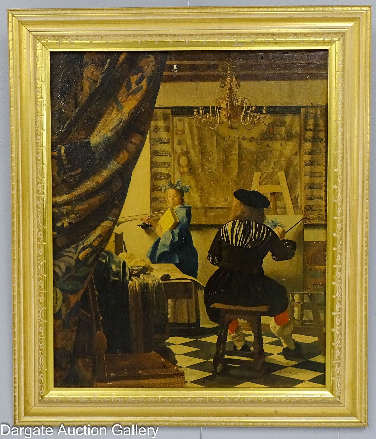 AFTER JOHANNES VERMEER THE ART OF PAINTING GICLEE: Johannes Vermeer (Netherlands, 1630-1675) Giclee reproduction of Vermeer's 17th Century oil painting "The Art of Painting"; Set in gilt frame; Measures: Visible Art - 21.25"H x 17.5