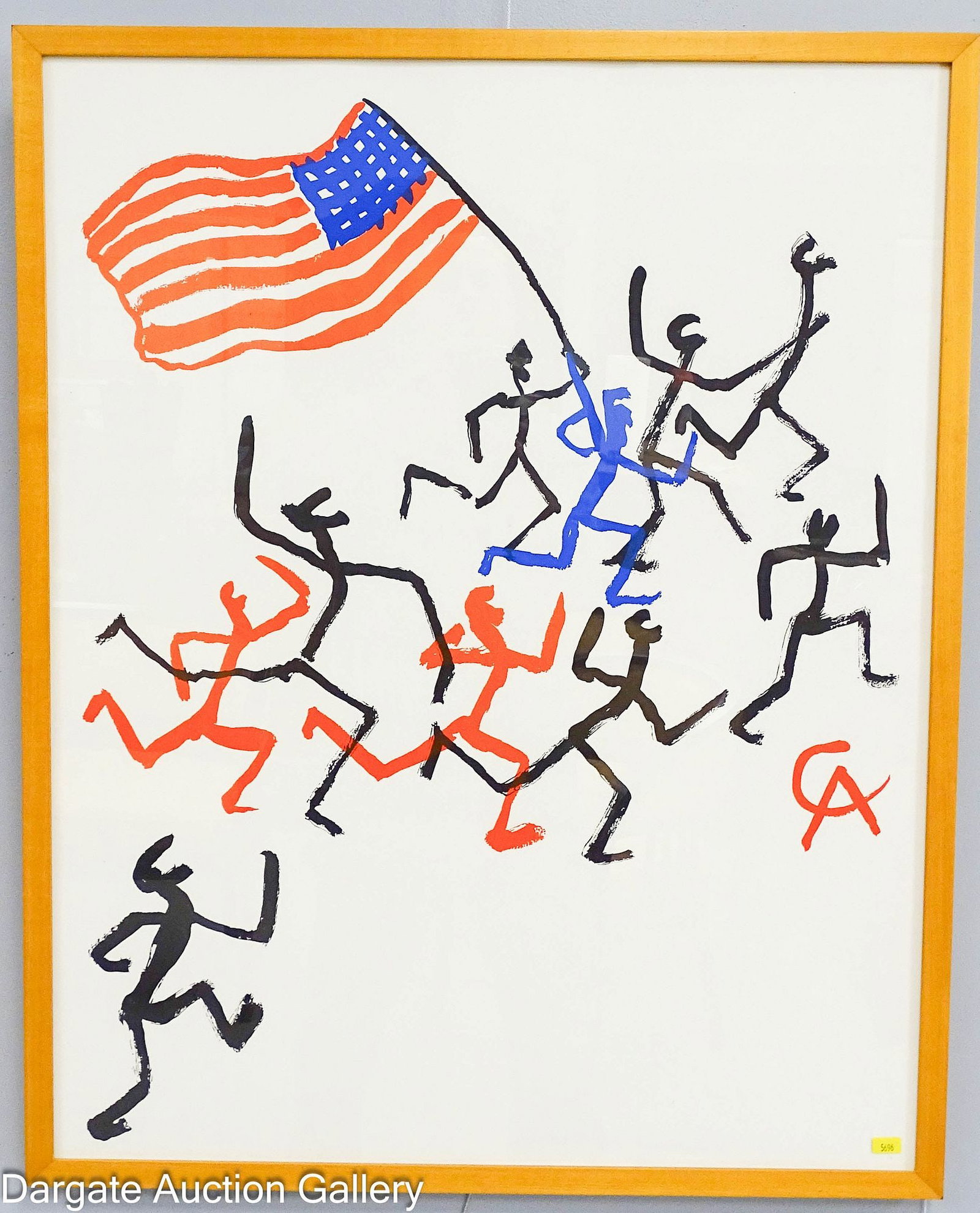 ALEXANDER CALDER MADISON SQUARE BOYS CLUB LITHO: Alexander Calder (American, 1898-1976) Lithograph Madison Square Boys Club - stylized human figures carrying an American Flag, circa 1974, signed right center, set under glass in a contemporary frame;