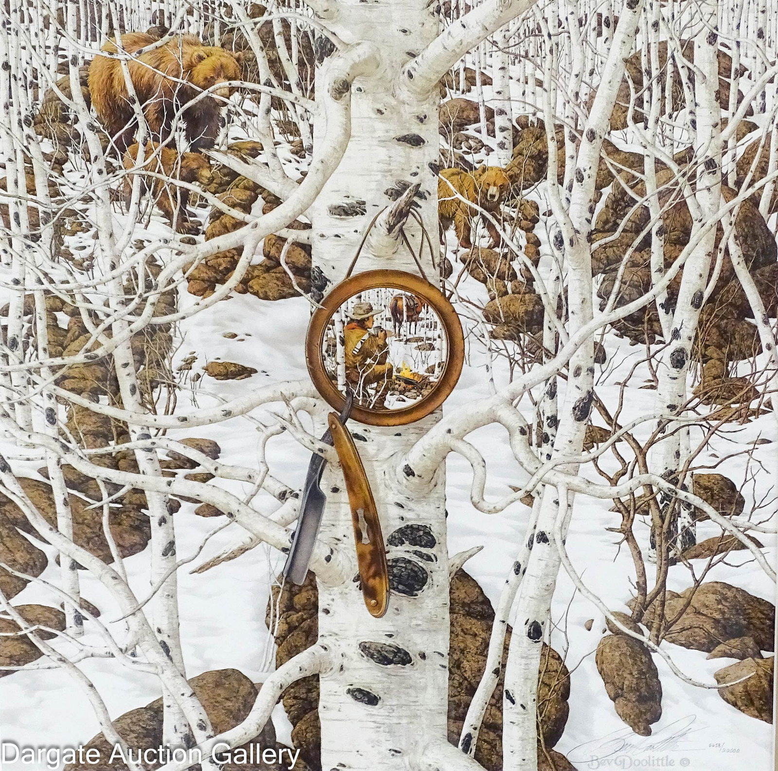 BEV DOOLITTLE THREE MORE FOR BREAKFAST LITHO: Bev Doolittle (American, b. 1947) 1996 Signed Limited Edition Lithograph 6,638/20,000; Signed in plate and in pencil lower right; Set under conservation glass, in wood frame; Includes COA and original