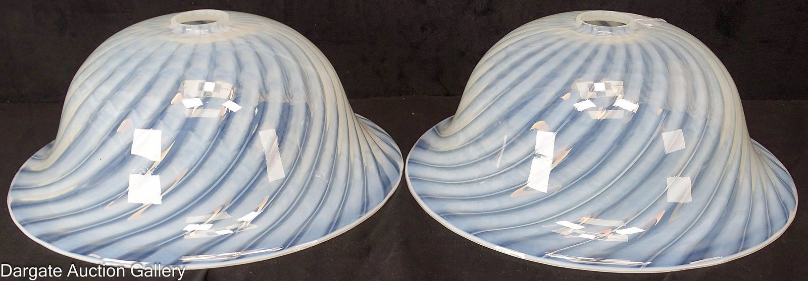 PAIR ART GLASS OPALESCENT LIGHT SHADES: Pair large dome shaped opalescent swirl light shades; ranges in color from white to a light grey-blue color; ground on top and bottom; Measures: 2" fitter, 6"H x 14.5" diameter; Conditi