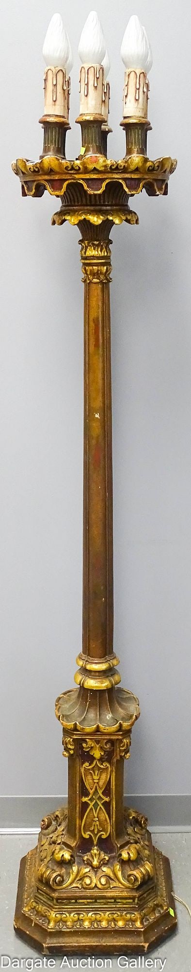 1920s WOOD GESSO FLOOR LAMP: Made in and English Tudor style, an early 20th Century wood and gesso paint and gilt six-light floor lamp; Electrical components are disconnected, and will most likely need professional rewiring; Meas