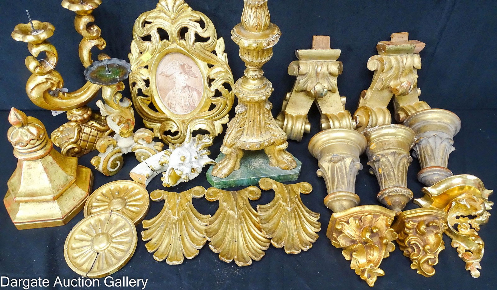 14+pcs HAND CARVED & GILT WOODEN DECOR: All continental various ages, includes: (2) candlesticks 12" & 8" high picture frame with a print of Charles-Francois de Perier Domourier 1739-1823 French General 11"H x 8&quo