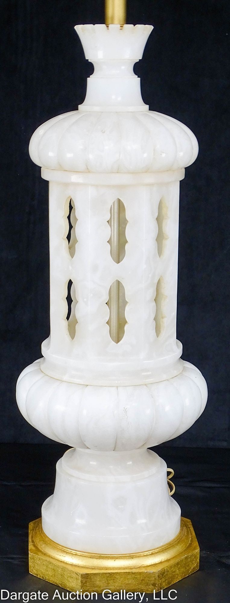 ITALIAN MARBRO CARVED ALABASTER MORROCCAN LAMP: A carved Marbro Lamp Co Alabaster Morroccan style lamp on a gilt wood base; made in Italy / Measures: Overall - 57"H x 9" diameter; Shade - 17.5"H x 12" diameter on top,