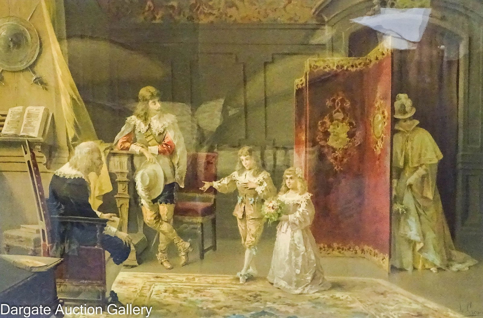LUIGI CROSIO JACOBEAN INTERIOR SCENE PRINT: Luigi Crosio (Italy, 1835-1915) Late 19th Century Jacobean interior scene print; signed lower left; set under glass in gilt gesso frame; Measures: Visible Art - 19.75"H x 30"W, Frame -
