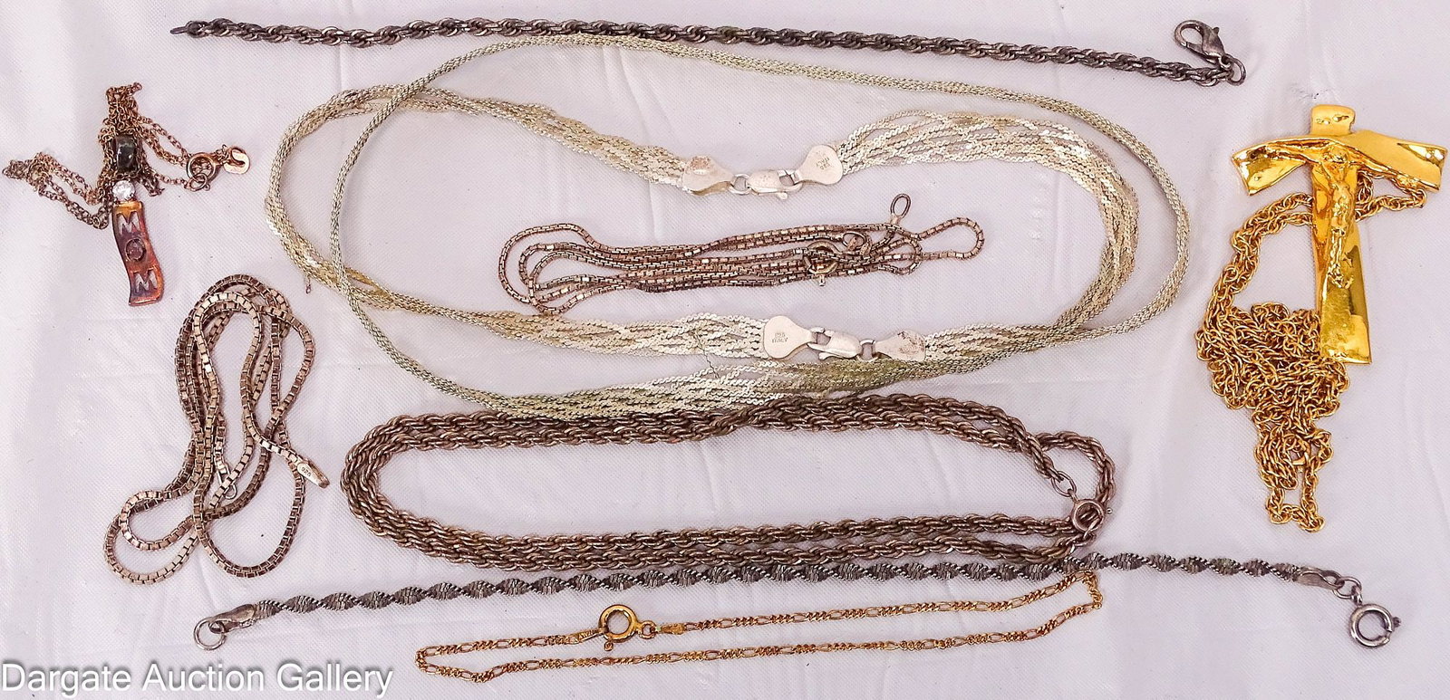 9pc NECKLACE AND BRACELET LOT: Includes: Total Gross Weight 66.3g 25"L woven chain (some pieces broken) [925] 24"L gold wash with cross pendant [STERLING] 17.5"L box chain [925] no clasp 18"L 