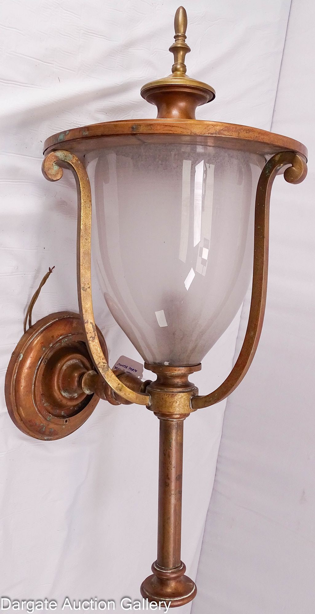 LARGE COPPER WALL SCONCE: Outdoor copper wall sconce entryway light; Colonial style frosted glass shade, standard size light socket; Measures: 26"H x 13"W x 12"D, 7" diameter wall cover; Condition -