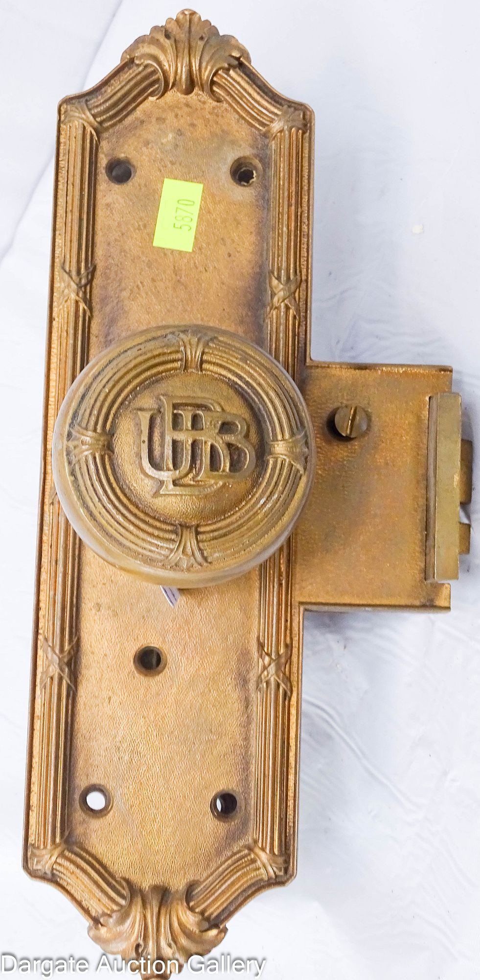 UNION BANK BUILDING P.F. CORBIN BRASS COMPANY DOORKNOB SET: A custom design lock set made for the Union Bank building circa 1906 by the P.F. Corbin Brass Company. The Union National Bank was built in 1906 at the corner of 4th and Wood Streets in Pittsburgh, PA