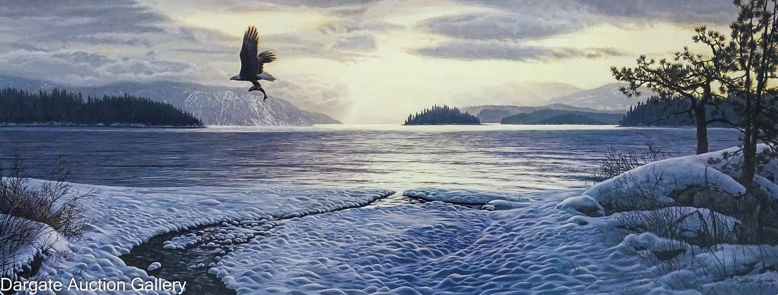 STEPHEN LYMAN NORTH COUNTRY SHORES LITHOGRAPH: Stephen Lyman (American, 1957-1996) 1994 Limited Edition Lithograph; Depicts a winter shore scene with a bald eagle flying away with a fish; Signed lower righ in plate [Stephen Lyman '94]; Pencil 