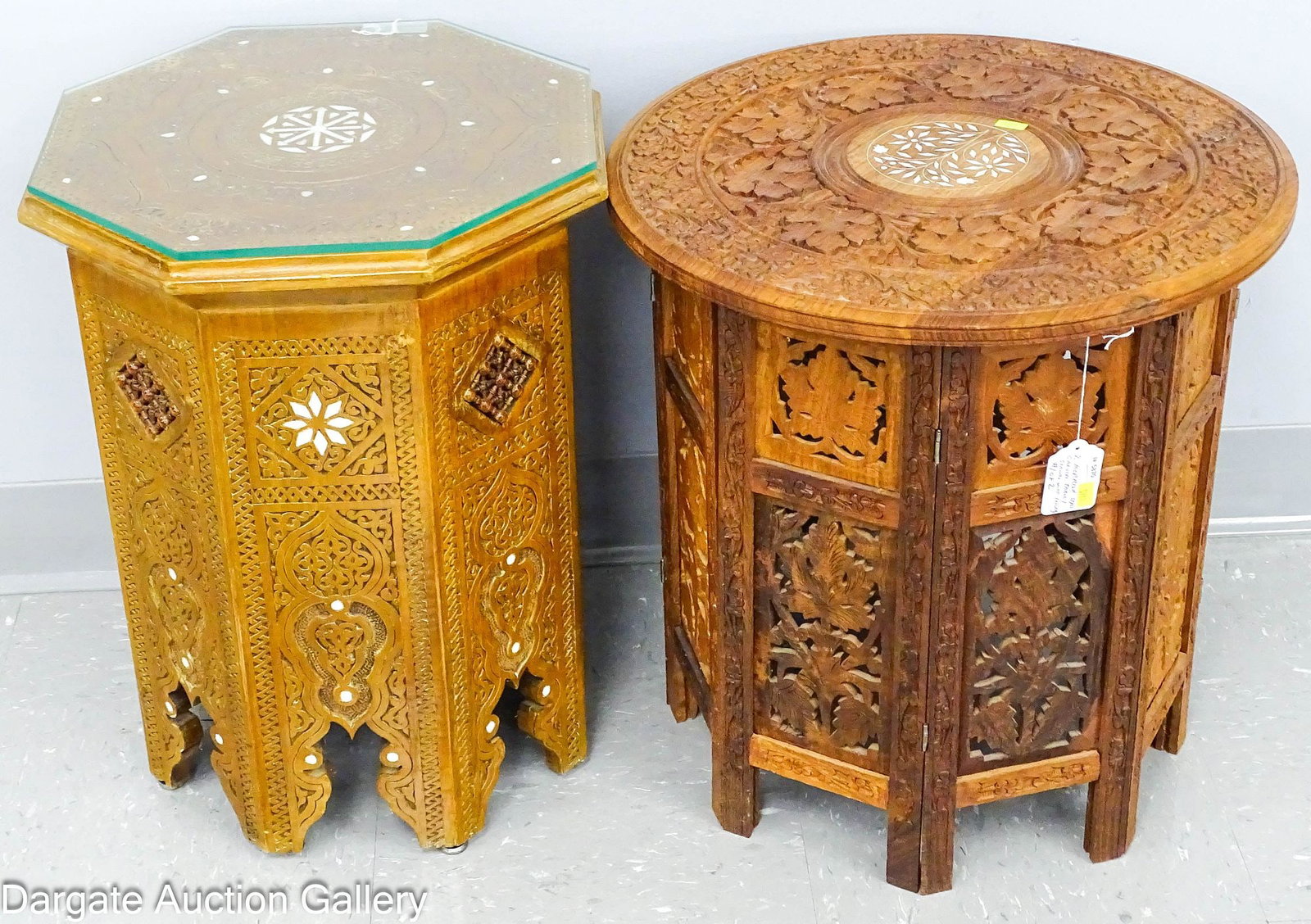 (2) MOROCCAN CARVED TEAK WOOD STANDS with INLAY (1 of 5)