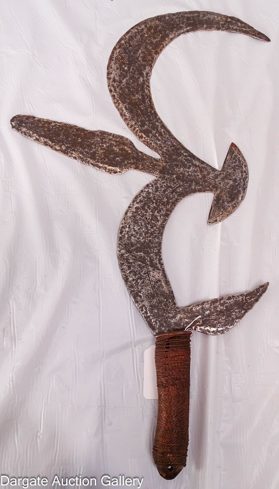 AFRICAN THROWING KNIFE NGBAKA MABO: Throwing blade knife (Moko-Ndo) from Central Africa, Democratic Republic of Congo. Used as hand weapons and as tokens of prestige, honor, authority, and rank; also used as currency. Blade is embellish