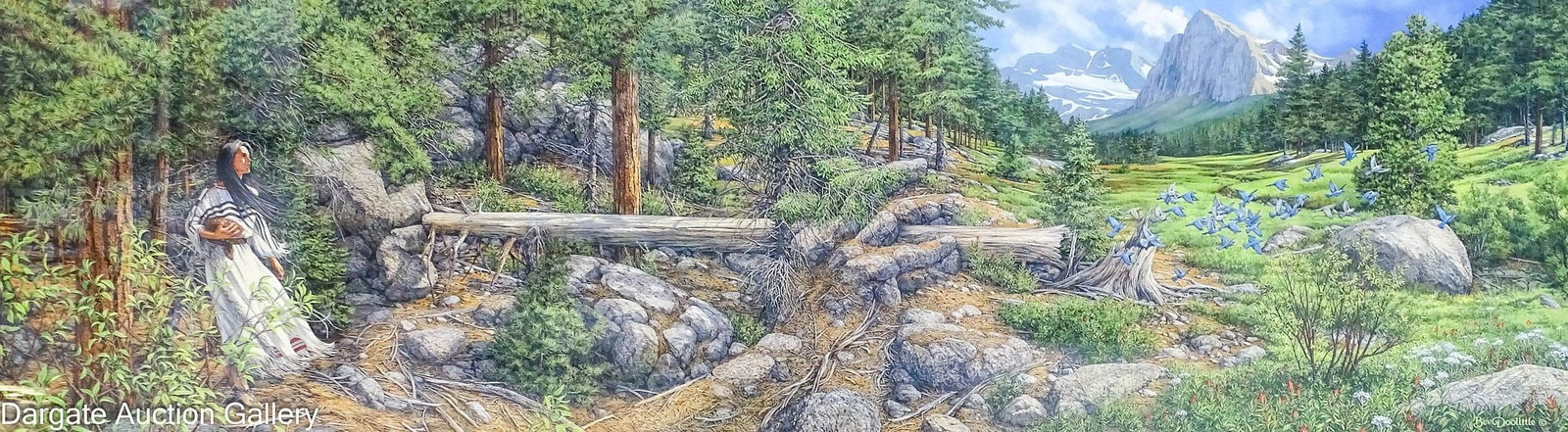BEV DOOLITTLE MUSIC IN THE WIND LITHOGRAPH: Bev Doolittle (American, b. 1947) 1997 Signed Limited Edition Lithograph 770/43,500); signed in plate and pencil lower right; set under conservation glass in wood frame; Includes original portfolio fr