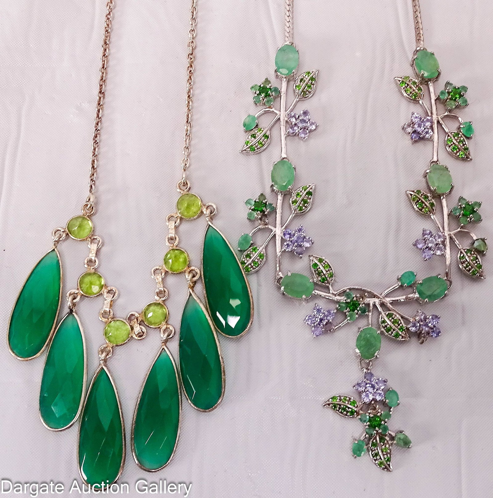 (2) STERLING BIB STYLE NECKLACES: Includes: 19"L Snake chain with green and blue gemstones in floral design with lobster claw clasp [925] missing one green stone 16"L (2" extender) Tear drop shaped dark green gems