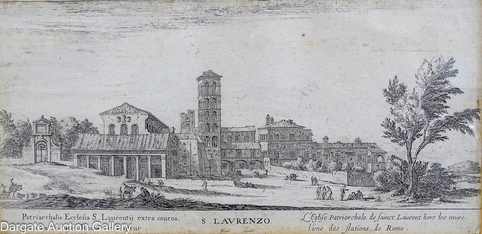 ISRAEL SILVERSTRE 17th C COPPER ETCHING S LAURENZO: Israel Silvestre (French, 1621-1691) Antique 17th Century copper etching titled "S. Laurenzo" depicting the Basilica of San Lorenzo fuori le Mora in Rose, Italy; Measures: Visible Art - 5.75
