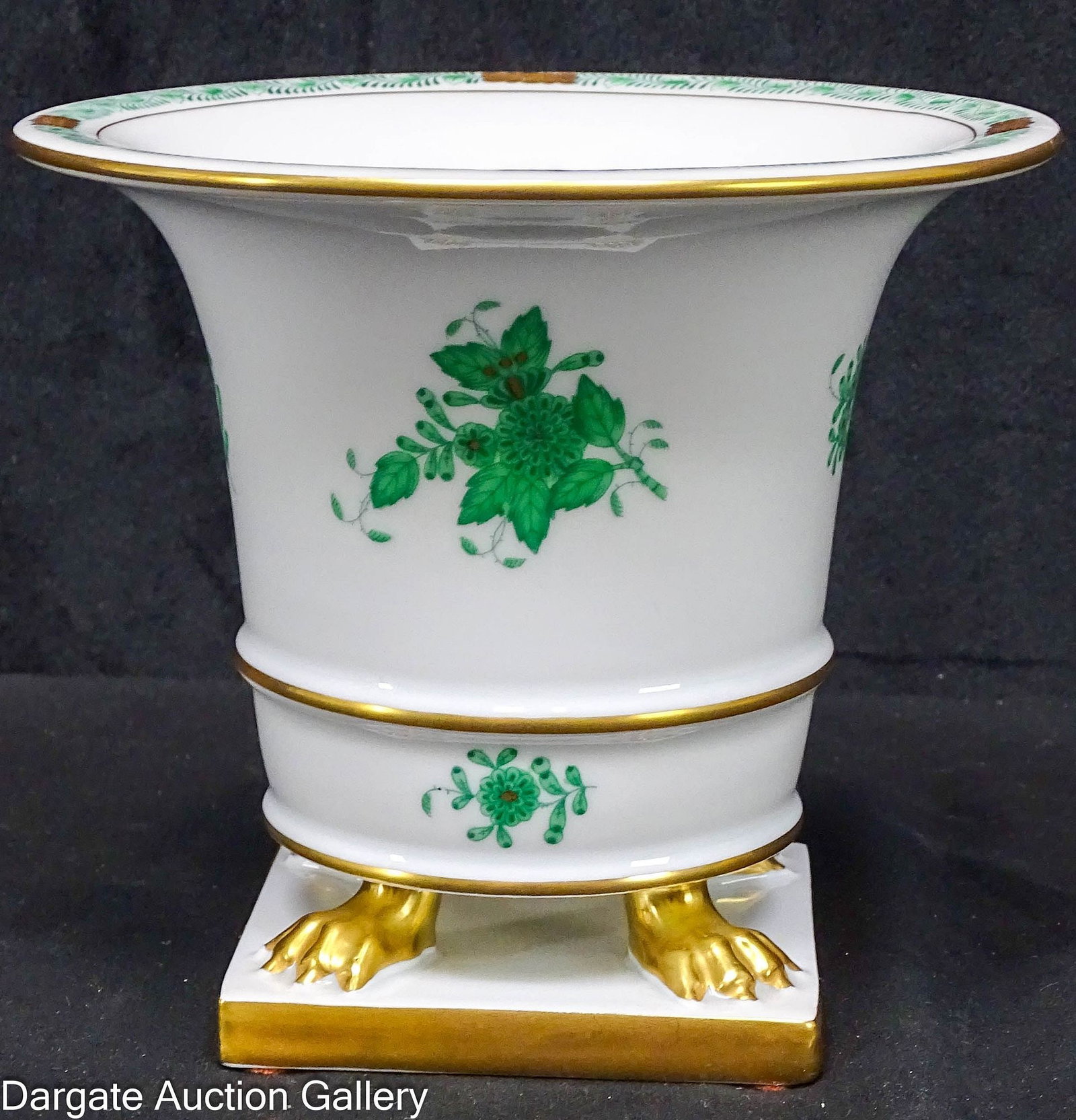 HEREND GREEN CHINESE BOUQUET PAW FOOT VASE: A Herend Hungary paw foot vase, Chinese bouquet in green with gold accents; Mesasures: 5.25"H x 6" diameter, 3.5" square base