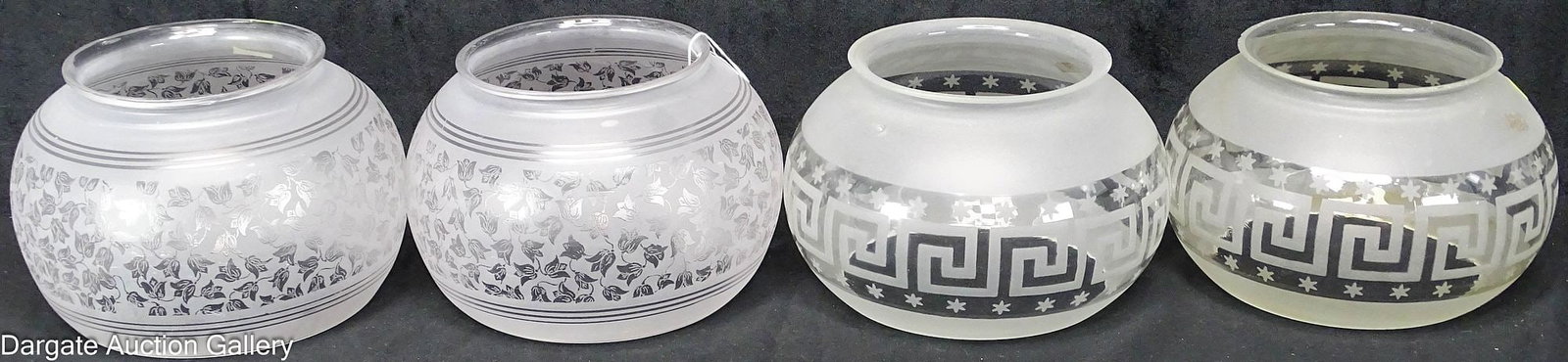 (2) PAIRS ETCHED GAS LIGHT SHADES: Includes: A pair of globe style shads with an all over floral design, resembling tulips (4.75" fitter, 5"H x 7.5" diameter) A pair of globe style shades with Greek key and star center b