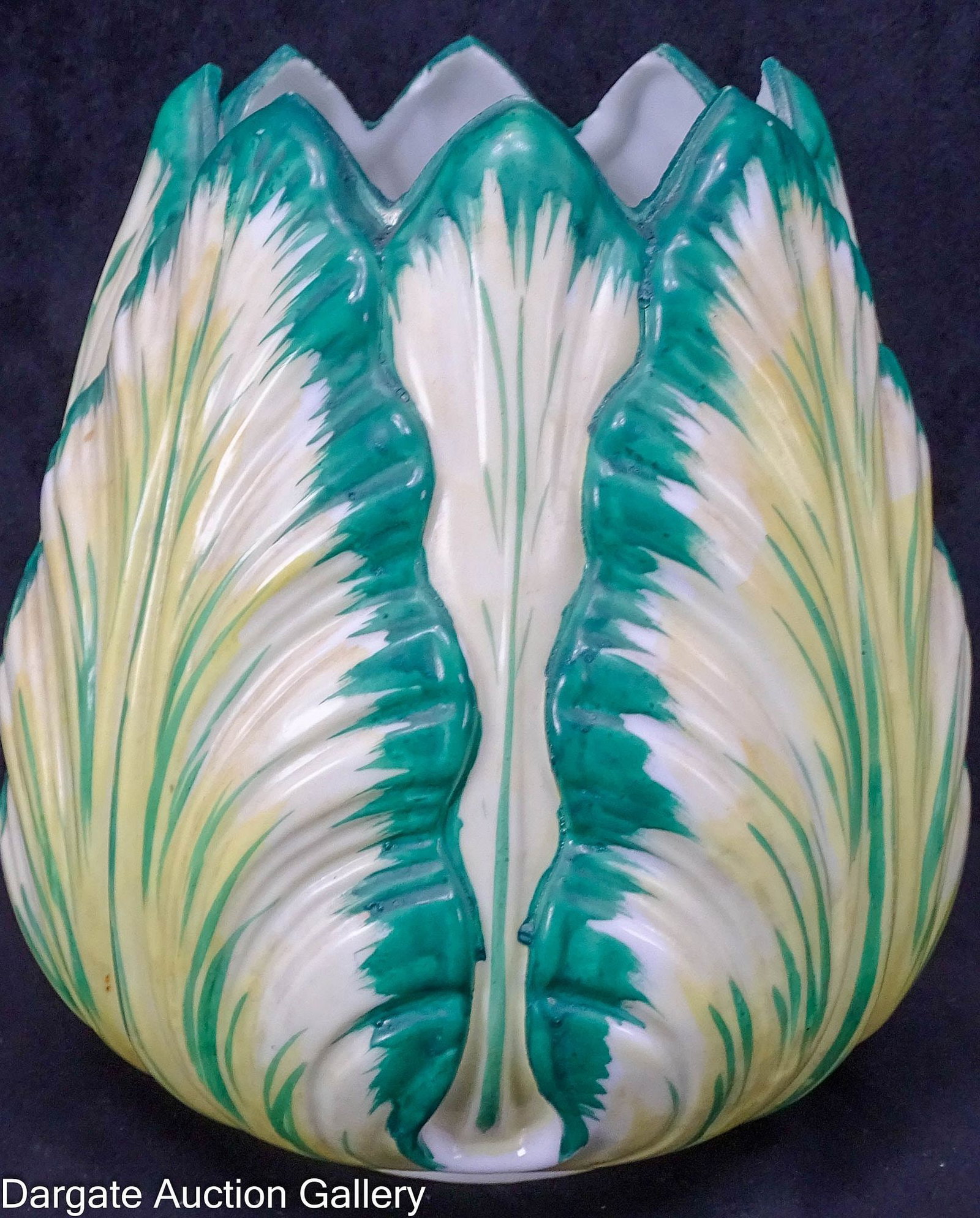 HAND PAINTED LEAF DESIGN LAMP SHADE: Milk glass oil lamp - light stand; embossed and painted leaf design; Measures - 3.25" fitter, 7.5"H x 6" diameter; Condition - Tiny chip on point of one leaf, very minor paint loss and 