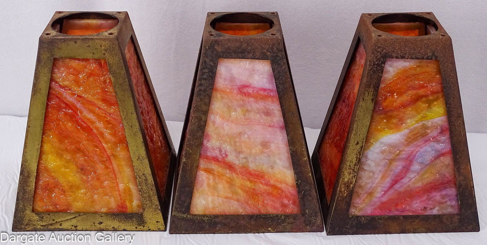 3pc SET SLAG GLASS SHADES IN BRASS FRAMES (1 of 4)