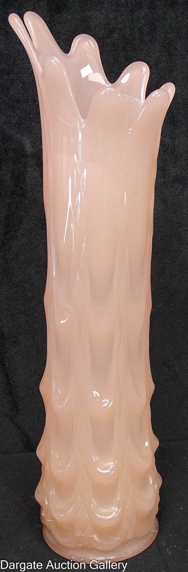 UNUSUAL PINK SWUNG VASE ATTRIBUTED TO WESTMORELAND: An unusual semi-opaque pink glass swung vase with drapery pattern attributed to Westmoreland Glass / Dimensions: 11.75" H x 2.75" Diameter /