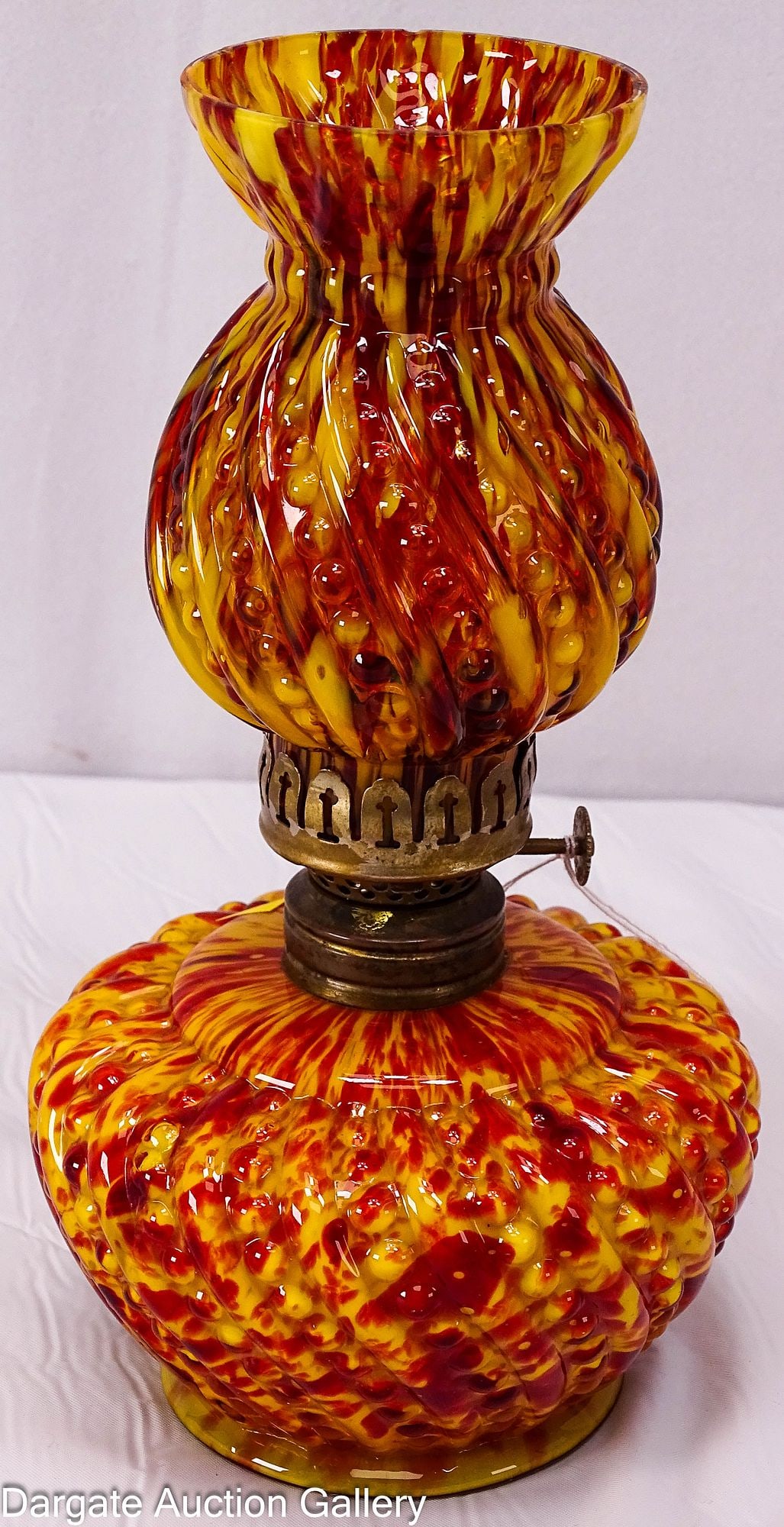 BEADED SWIRL END OF DAY MINIATURE OIL LAMP: Victorian mini end of day oil lamp featuring a beaded swirl pattern and glass with a tortoise shell look; Hornet burner features gold paint and is marked [Hornet P&A] / Dimensions