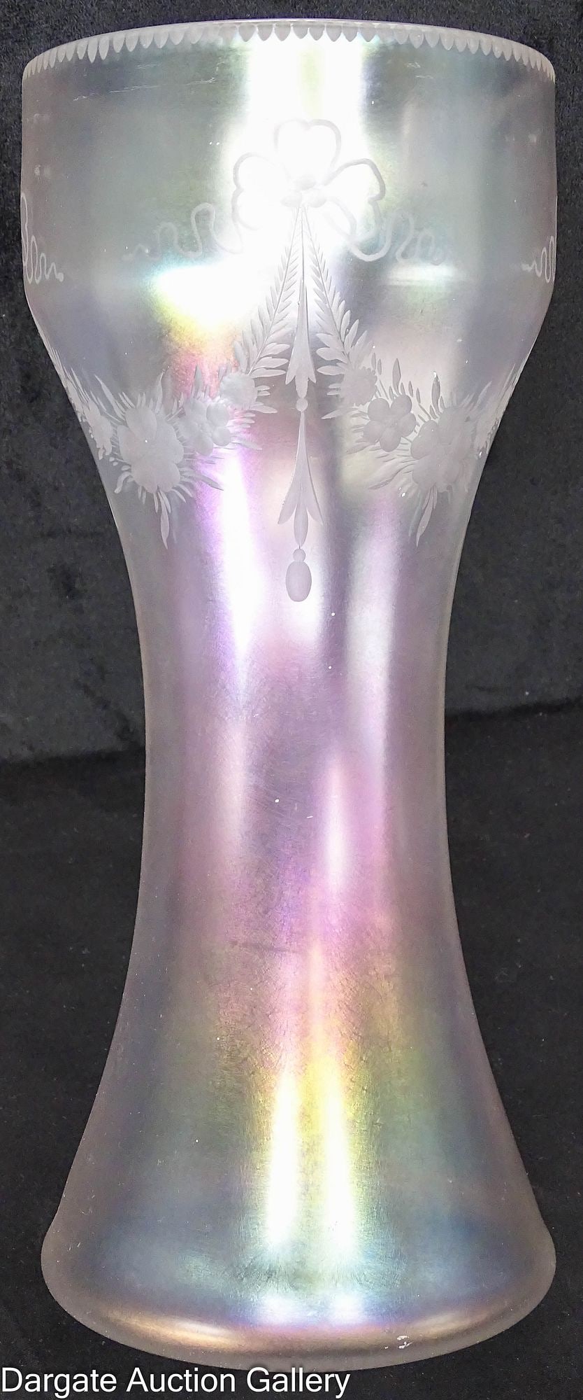 STEUBEN VERRE DE SOIE VASE C. 1904-1920: A Steuben Verre de Soie vase, floral bow and swag cutting attributed to the Hawkes decorating company // Measures: 12"H x 5" diameter