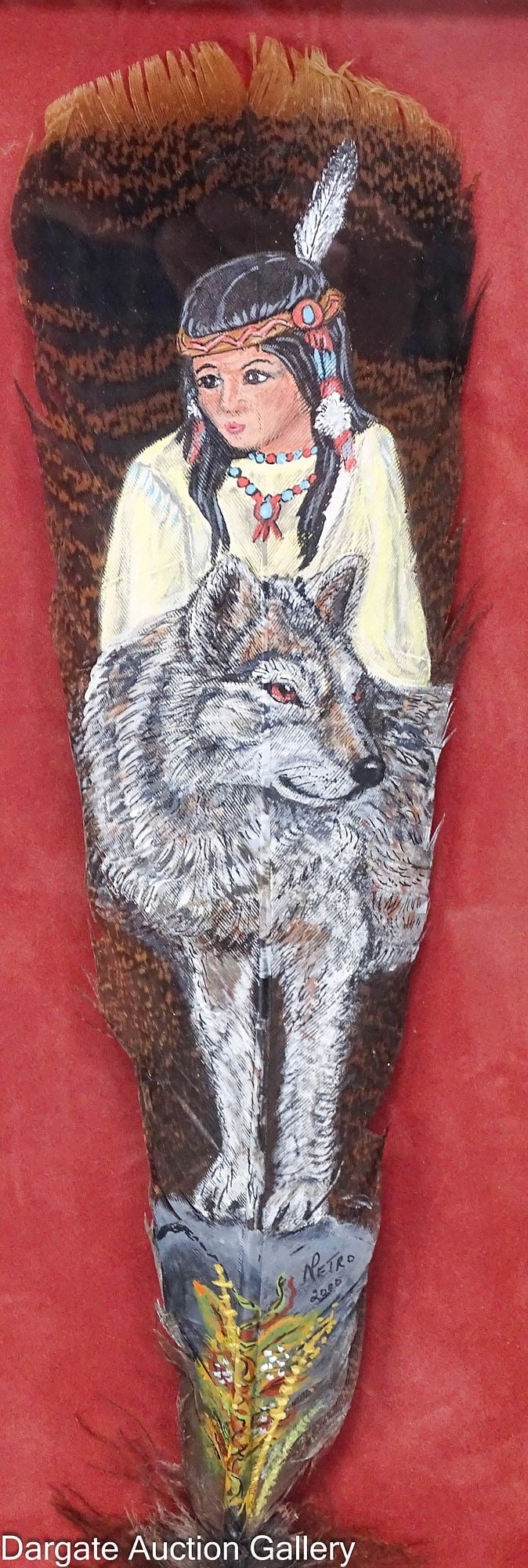 HAND PAINTED NATIVE AMERICAN TURKEY FEATHER: Native American hand painted turkey feather of a girl and a wolf, signed and dated in gray area under the wolf [Petro? 2000]; set under glass in hand made inlaid wood frame; Measures: Overall 22"