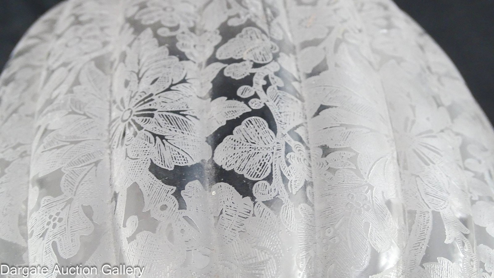 LARGE RIBBED MELON SHAPED LIGHT SHADE: Light shade with all over floral etching, 24 ribs; Measures: 4.75" fitter, 5.75" bottom opening, 10.75"H x 8" diameter; Condition - Tiny flea bites on rim