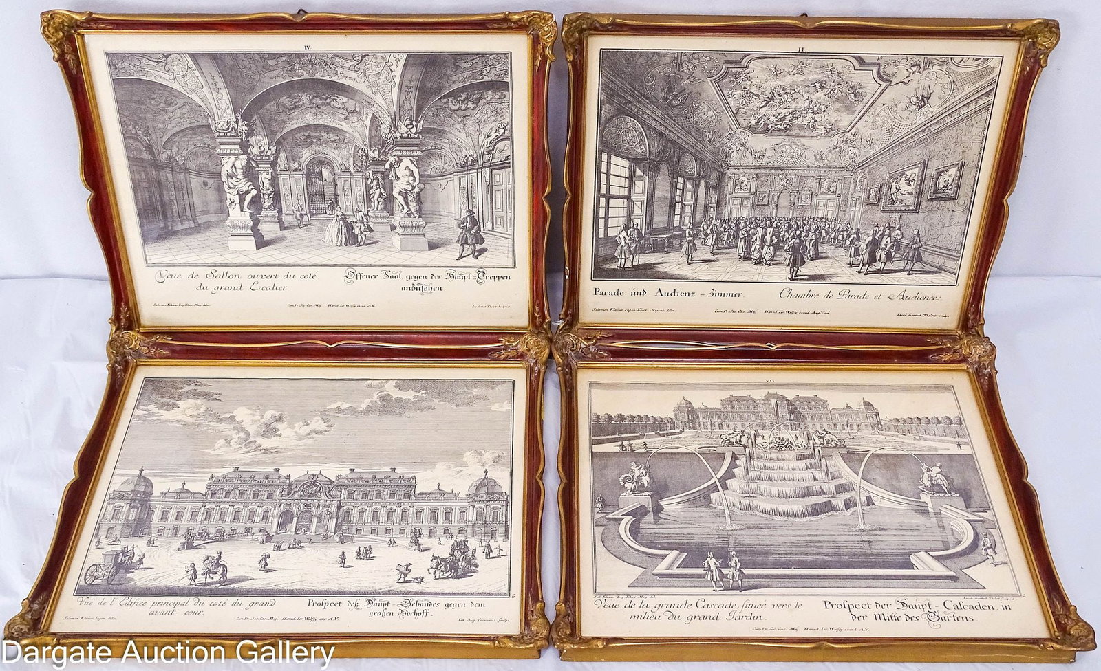 (4) FRAMED 1720 PRINTS OF BELVEDERE PALACE VIENNA: (4) Framed prints given to Bishop Lawrence Brandt (1939-2025) in 1963 by Count Max Schonborn von Buchheim (1917-1967). Each one is numbered and labeled on the reverse with Belvedere Palace, Vienna,
