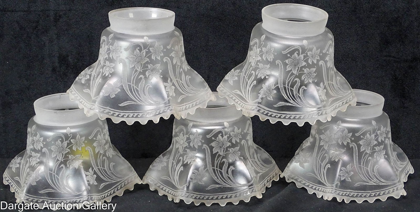 5pc SET ETCHED GLASS SHADES: A matched set of (5) etched glass shades with Art Nouveau lilies with a 6-pointed fluted and ruffled top, 2.5" fitter, 4"H x 6" diameter