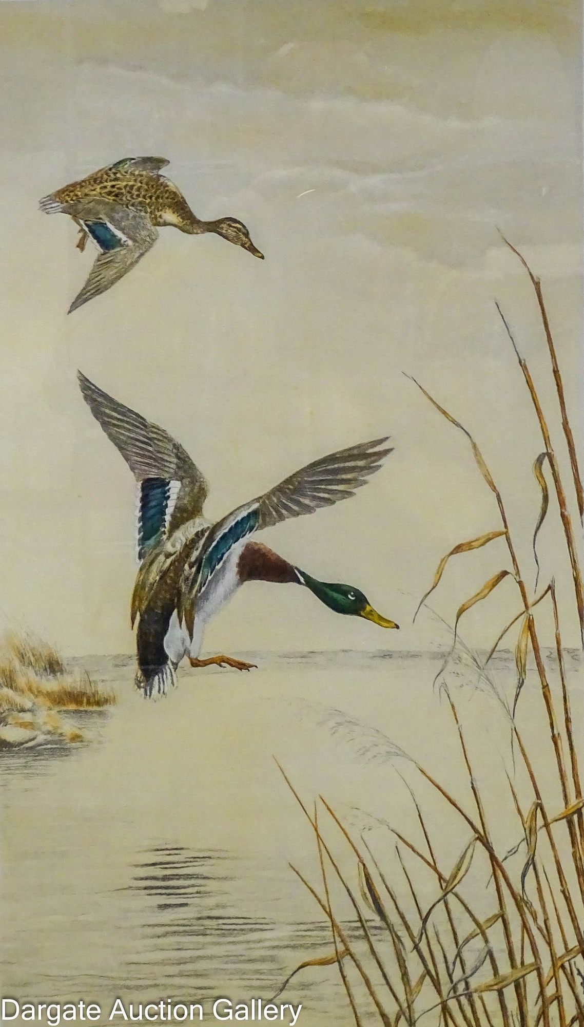 LEON DANCHIN LITHOGRAPH - DUCKS IN MARSH: Leon Danchin (French/American, 1887-1939) Lithograph titled Ducks in Marsh, depicting 2 ducks flying over a marsh; pencil signed lower right [LEON DANCHIN]; set under glass in wood frame; Measures: Vi
