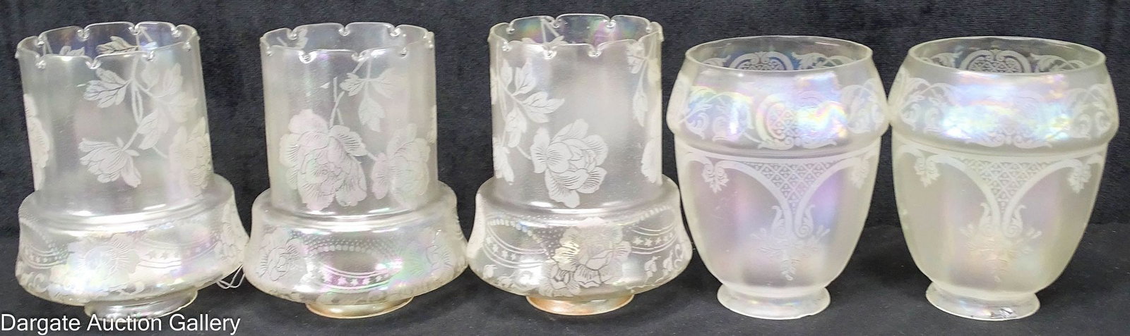 (5) 2.25" FITTER VERRE DE SOIE STYLE SHADES: Includes: Pair of French style etched shades with a strong opalescence - 2.25" fitter, 5.25"H x 5.25" diameter (Minor chips and roughness to fitter edge) Matched set of (3)