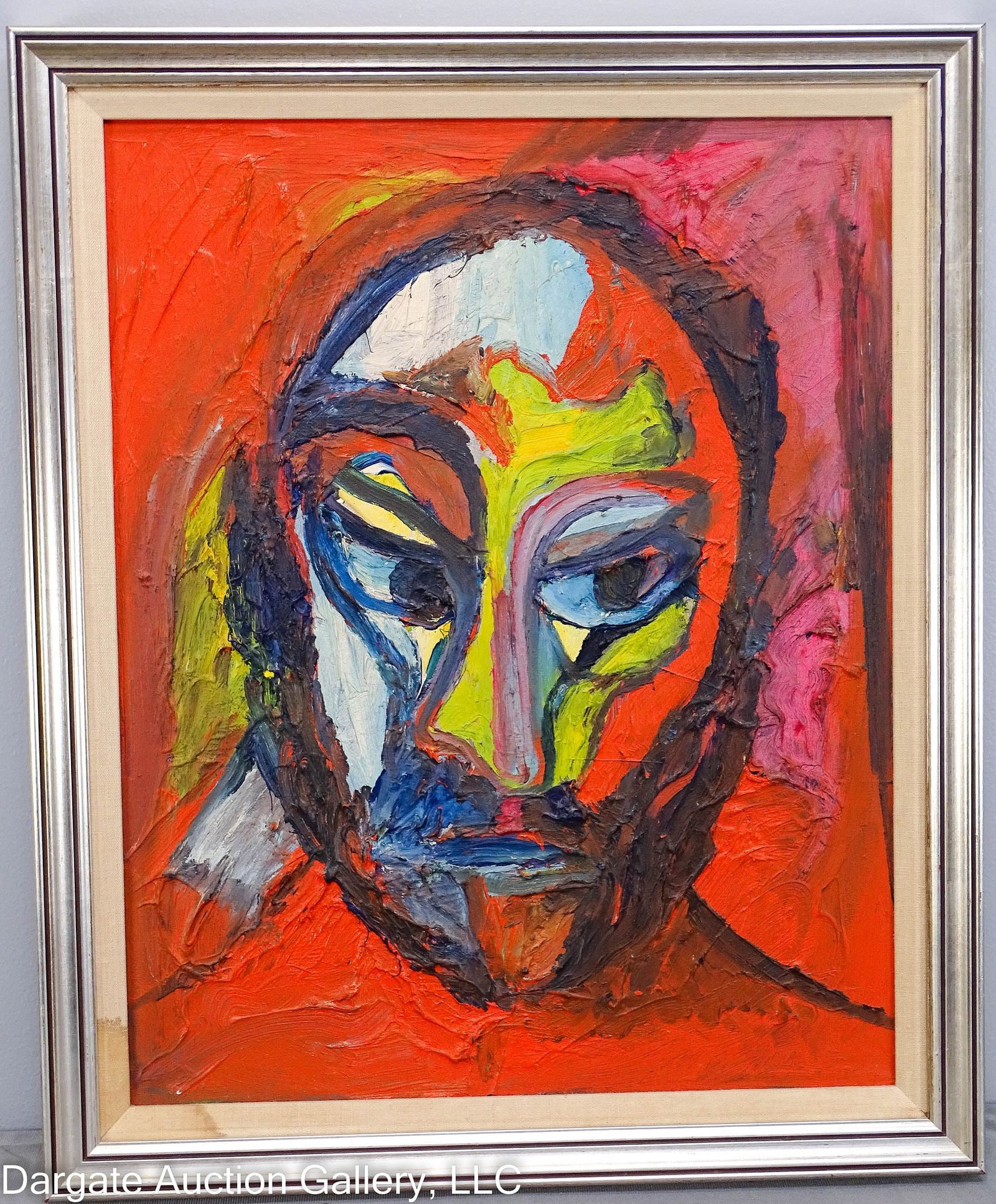 ATTRIBUTED TO BENGT LINDSTROM ABSTRACT IMPASTO PORTRAIT: Attributed to Bengt Lindstrom (Swedish, 1925-2008) Abstract expressionist portrait, impasto oil on canvas; not signed; set in painted silver frame / Visible Art Size: 19.5"H x 15.5"W / Frame