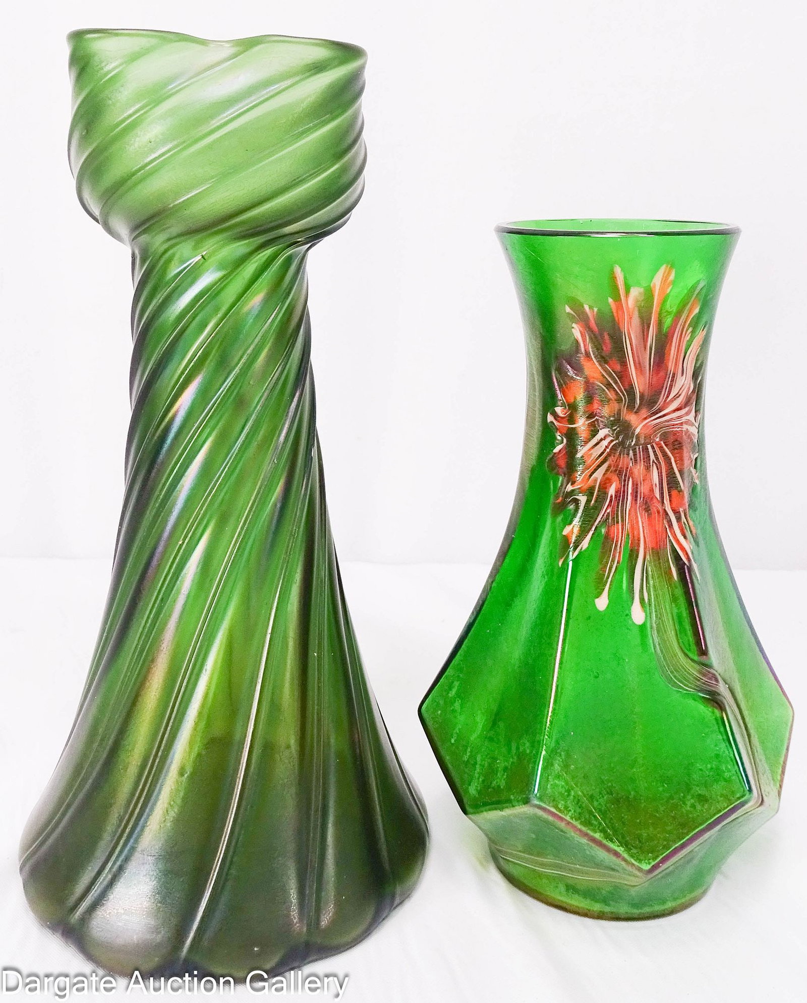 (2) GREEN ART GLASS BUD VASES incl LOETZ (1 of 11)