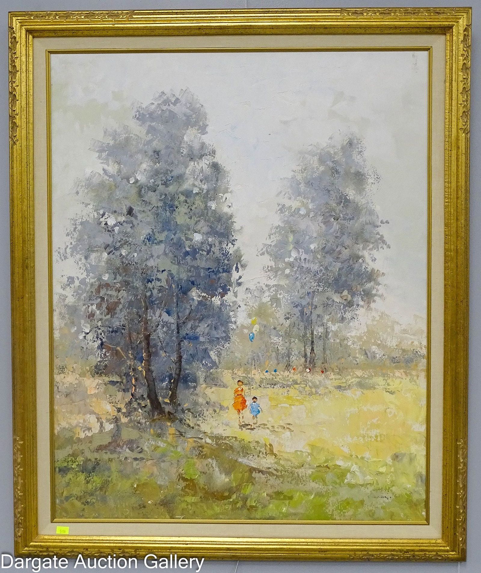 ACRYLIC IMPRESSIONISTIC PAINTING 2 GIRLS WITH BALLOONS: Acrylic Painting depicting 2 girls with balloons walking through a tree lined field; signature is illegible; set in a contemporary frame; Measures: Visible Art - 29.5"H x 23.5"W, Frame - 35&