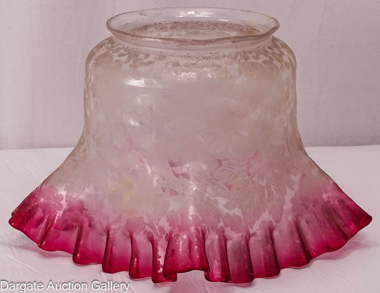 FLORAL ETCHED GLASS GAS SHADE WITH RUFFLED CRANBERRY RIM (1 of 4)