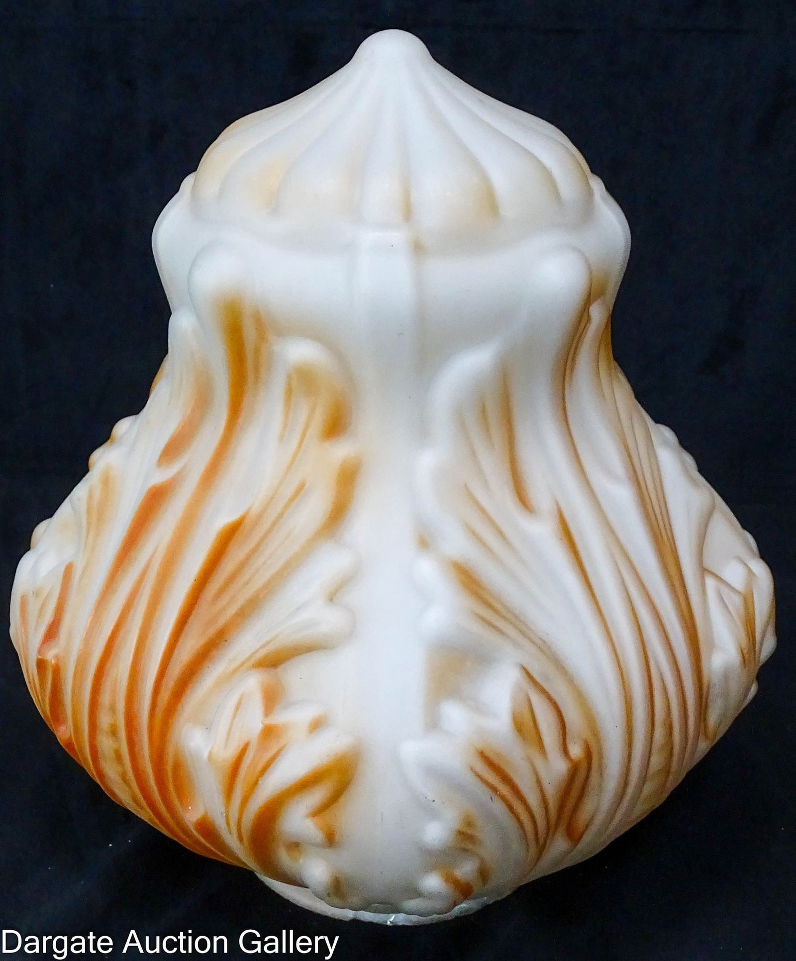 ART DECO SATIN GLASS EMBOSSED LIGHT SHADE: 1930's stylized acorn shape with embossed acanthus leaf pattern, frosted satin finish with a burnt orange paint highlights; Measures: 4" fitter, 9.5"H x 7.5"W x 7.5"D; Conditio