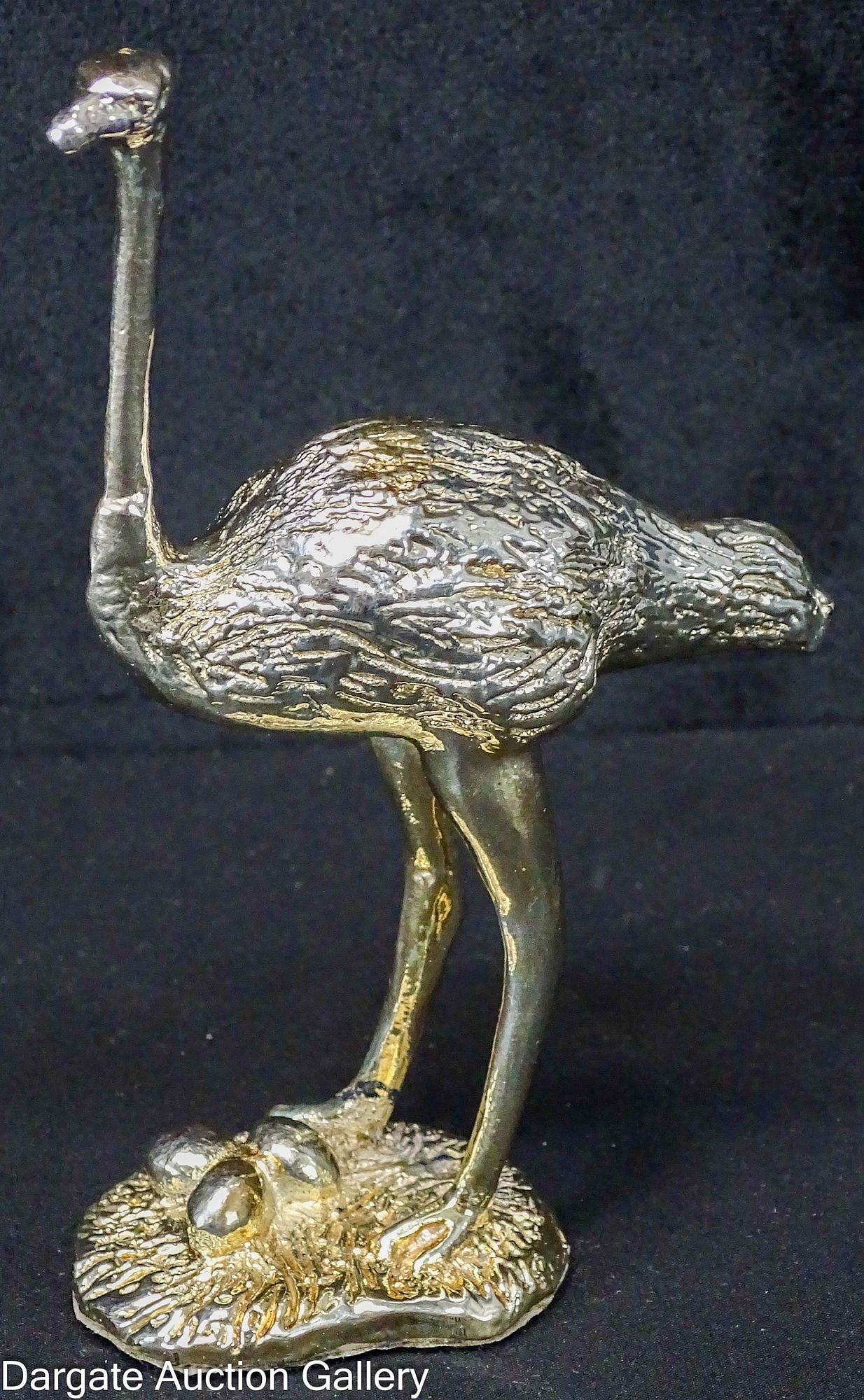AFRICAN STERLING SILVER OSTRICH: A weighted Sterling silver ostrich hallmarked with a South African springbok head mark and Sterling silver, indicating a manufacturing date after 1975. Has a tag on bottom marked [AFRISILV OSTRICH AS]