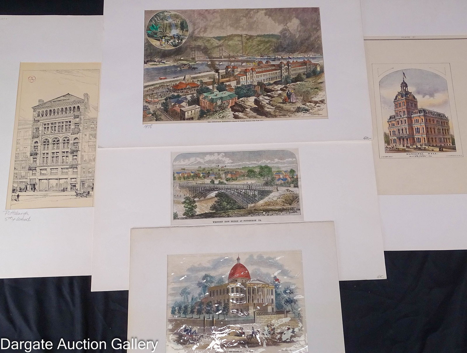 (5) UNFRAMED VICTORIAN ERA PITTSBURGH PRINTS: This collection features 5 unframed and matted Victorian era prints of Pittsburgh. The set includes View of the Courthouse at Pittsburg(h), Penn circa 1853; the Pittsburgh Exhibition circa 1878; Wroug