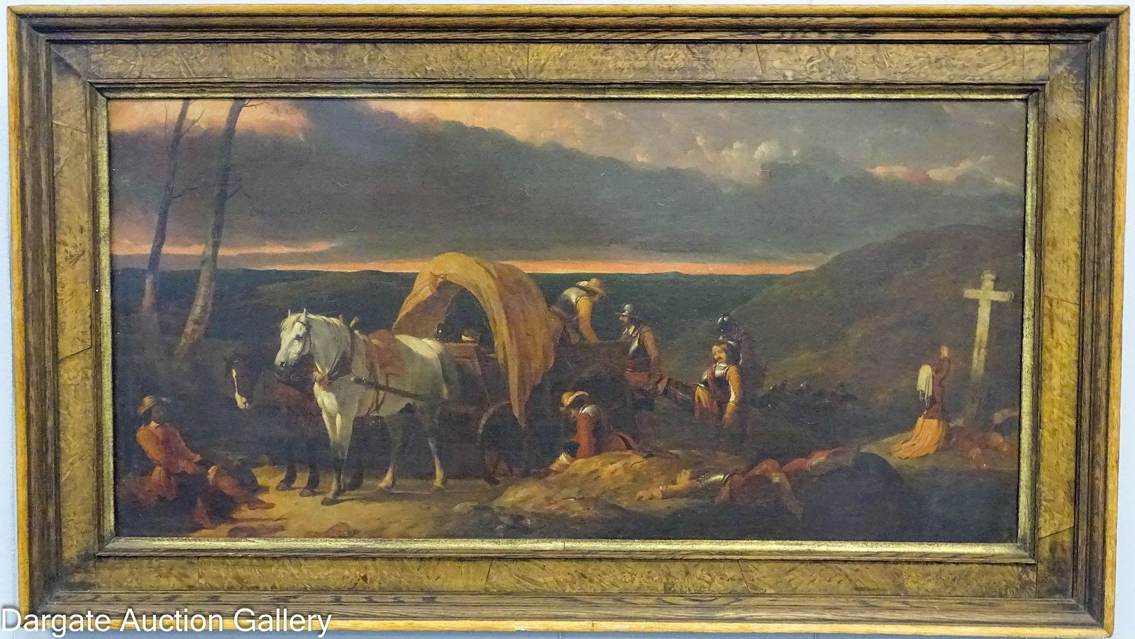 UNSIGNED O/C 17th C STYLE GENRE PAINTING: A 17th Century oil on canvas 17th Century style genre painting depicting European soldiers burying the dead, with a nun praying in front of a cross; set in wood frame; Measures: Visible Art - 14.25&qu