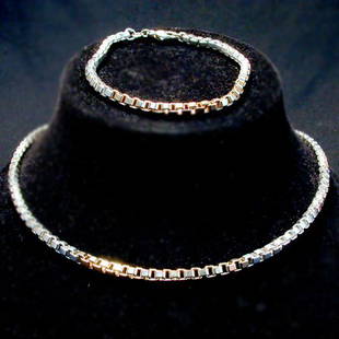 14K & STERLING SET. Set includes a matc: 14K & STERLING SET. Set includes a matching box link bracelet and necklace. Total weight of the bracelet is approximately 17.3 g. Total necklace weight is approximately 38.4 g. Chain length is 17.5".