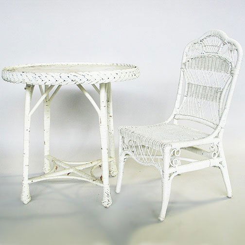 WICKER TABLE AND CHAIR: WICKER TABLE AND CHAIR. Vintage round table (top as is) and a recent sidechair.