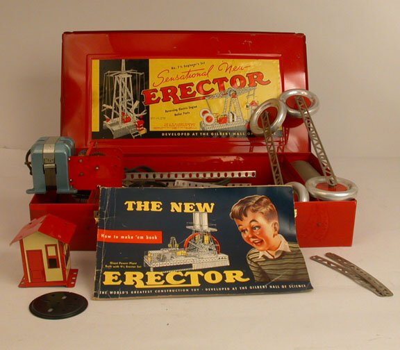 ERECTOR SET. c. 1940's-50's: ERECTOR SET. c. 1940's-50's. Made by A.C. Gilbert Co. Comes in a red metal case complete with instruction booklet. Marked on the inside cover: ''No. 7 1/2 Engineer's Set; Reversing Electric Boiler Par
