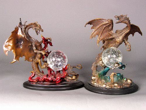 2 FRANKLIN MINT DRAGONS. (1) The Dragon of Wisdom: 2 FRANKLIN MINT DRAGONS. (1) The Dragon of Wisdom. Round base with bronze colored dragon and blue and gold base of crystal ball. Marked: The Dragon of Wisdom, Crystal Ball, by Julie Bell (c) The Frank