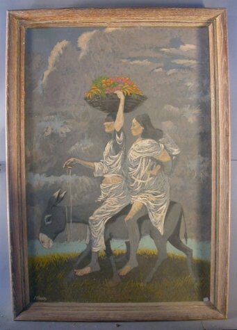 J.HERR DONKEY RIDES. 20th c. Oil on canvasboard.: J.HERR DONKEY RIDES. 20th c. Oil on canvasboard. Signed. This image of two South American natives riding a donkey is done in pastel gray colors. The style is an illustrative, patterned style of flat s